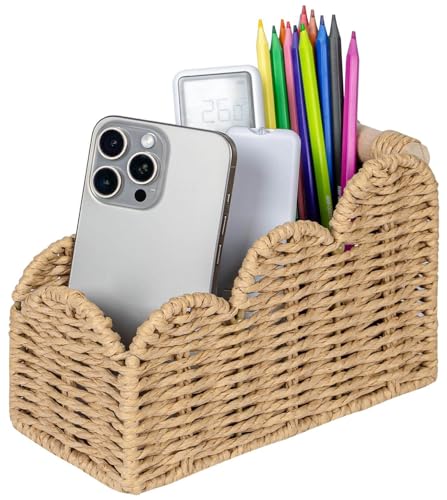 CubesLand Bedside Table Desk Organizer Caddy, Remote Pen&Pencil Holder Cup, Makeup Brush Holder w/Scalloped Perfect for Home, Office Desk, Living Room Table Decor, 3 Slots Beige - color: Beige