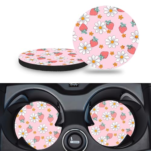 Car Cup Holder Coasters, 2 Pack – 2.75" Universal Auto Anti-Slip Insert Coaster, Rubber Car Coasters, Personalized Car Accessories for Women (Pink Strawberry) - color: Pink Strawberry
