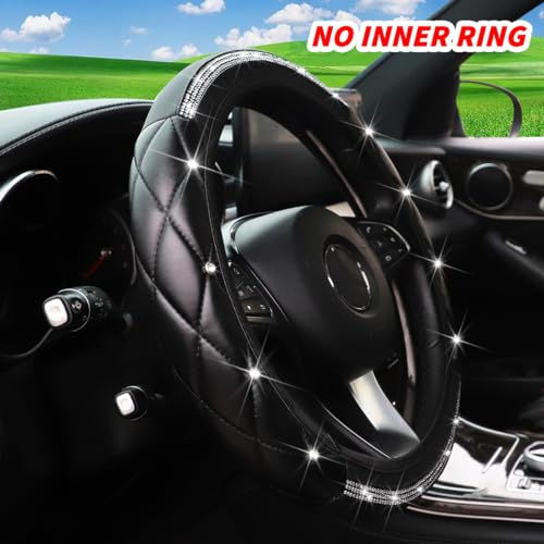 BESULEN Bling Leather Car Steering Wheel Cover, Diamond Crystal Rhinestone Vehicle Steer Wheel Protector, Sparkling Auto Interior Accessories, Universal 14.5-15Inch for SUV, Truck, RV