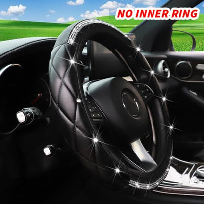 BESULEN Bling Leather Car Steering Wheel Cover, Diamond Crystal Rhinestone Vehicle Steer Wheel Protector, Sparkling Auto Interior Accessories, Universal 14.5-15Inch for SUV, Truck, RV