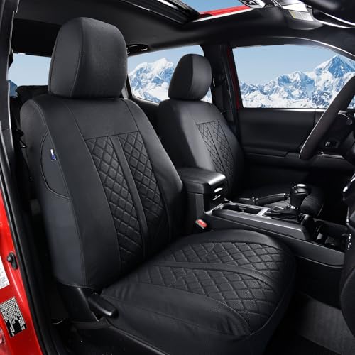 Truckiipa 2 Front Tacoma Seat Covers Leather Car Seat Covers Waterproof Truck Seat Cushion Protector Covers Fit for 2016-2023 Toyota Tacoma Double Crew Cab, Front Pair, Black - color: Front Pair/Black, size: Tacoma 2016-2023