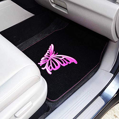 BDK Pink Butterfly Design Carpet Car Floor Mats for Auto Van Truck SUV-4 Pieces Front & Rear Full Set with Rubber Backing-Universal Fit - color: Pink Butterfly Design