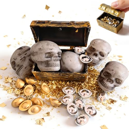 1:12 Scale Mini Treasure Chest Kit with Metal Ingots & Skull Statues, Dollhouse Decor Ornaments for Adult Micro Scene Collectors - color: Treasure Chest