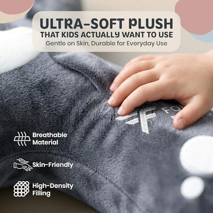 Kids Car Sleeping Pillow - X-Shaped Plush Animal for Neck & Back Support - Hands & Seat Belt Slot - Machine Washable & Compressible - Perfect for Car, Plane, Train, Boat & More - Grey