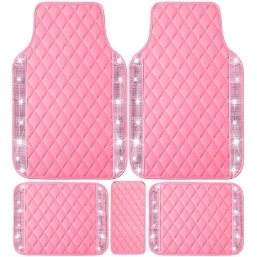 NBTEPEM Pink Bling Leather Car Floor Mats Full Set, Sparkly Diamond Car Mats Universal Fit Most Automotive, Glitter Rhinestone Carpet Waterproof Anti-Slip, 5 pcs Set (Pink Leather Diamond) - color: Pink Leather Diamond