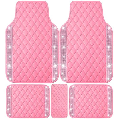 NBTEPEM Pink Bling Leather Car Floor Mats Full Set, Sparkly Diamond Car Mats Universal Fit Most Automotive, Glitter Rhinestone Carpet Waterproof Anti-Slip, 5 pcs Set (Pink Leather Diamond) - color: Pink Leather Diamond