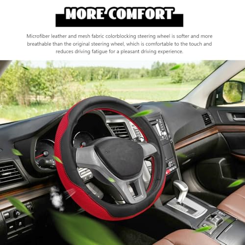 Microfiber Leather Steering Wheel Cover, Breathable Steering Wheel Protector with Anti-Slip Inner Ring, Universal 14.5"-15" Car Wheel Cover Auto Interior Decor for Men Women (Red) - color: Red