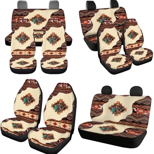 Horeset Ethnic Western Aztec Cactus 11 Pack Car Seat Cover with Headrest Cover+Cup Coasters+Handbrake Cover+Gear Shift Caover+Lanyaeds Key Chain Universal Fit Most Cars SUV Van Sedan Truck - color: Ethnic Western Aztec Cactus