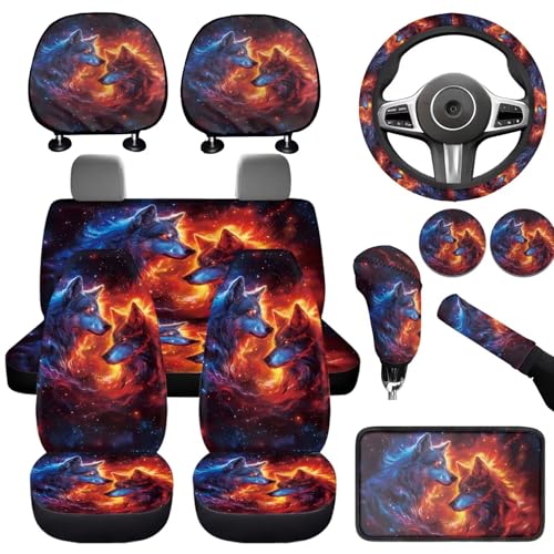 Galaxy Animal Wolf Car Rear Bench Protective Seat Car Seat Covers Full Set 12 Pcs Auto Interior Accessories Steering Wheel Cover Car Seat Covers Headrest Covers Universal Fit - color: Galaxy Animal Wolf
