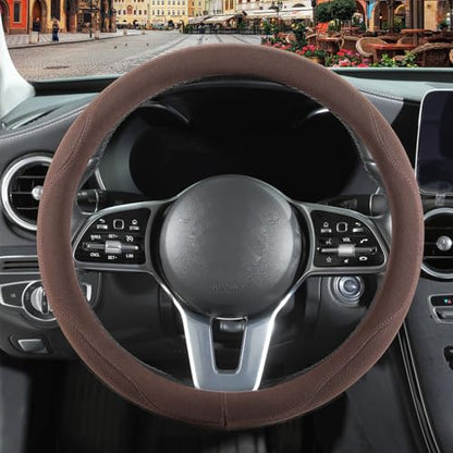 Brown Suede Steering Wheel Cover, Breathable Non-Slip Sweat-Proof Wear-Resistant No Pilling, Warm in Winter and Cool in Summer, Universal 15 inch - color: Brown, size: Round-M[14.5''-15'']