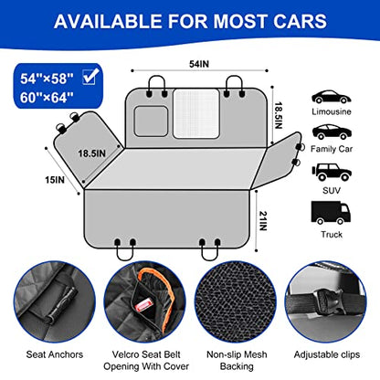 Dog Car Seat Cover for Back Seat 600D Scratchproof Nonslip Durable Waterproof Cars Pet Backseat Covers with Mesh Window Dogs Hammock for Car，SUV, Truck (54" W x 58" L)