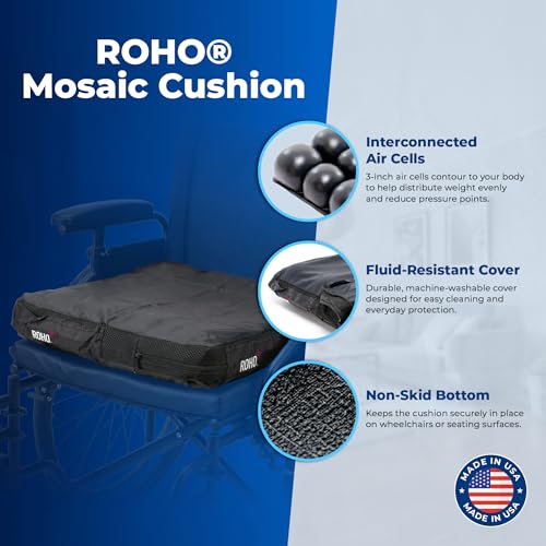 Roho Mosaic Seat Cushion 16” x 18” Inflatable Air Cell Design, Adjustable Firmness, Non-Skid Cover, Lightweight Portable Cushion for Wheelchair, Office Chair, Car & Home - size: 16" x 18"
