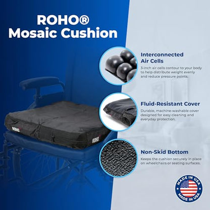 Roho Mosaic Seat Cushion 16” x 18” Inflatable Air Cell Design, Adjustable Firmness, Non-Skid Cover, Lightweight Portable Cushion for Wheelchair, Office Chair, Car & Home - size: 16" x 18"