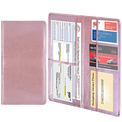 Wisdompro Car Document Holder Organiser, PU Leather Vehicle Insurance and Registration Holders Wallet Case for ID Card, Driving Licence, Key Contact Information Cards - color: Rose Gold
