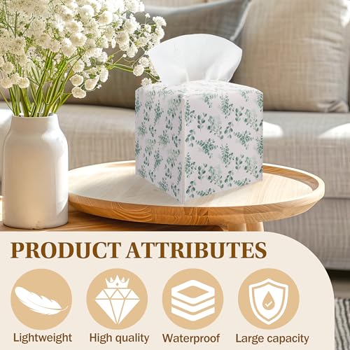 Watercolor Eucalyptus Leaves Tissue Box Cover - Green Leaves Branches Waterproof PU Leather Facial Paper Organizer, Decorative Square Holder for Bathroom, Home Office & Car Decorations - color: Green02
