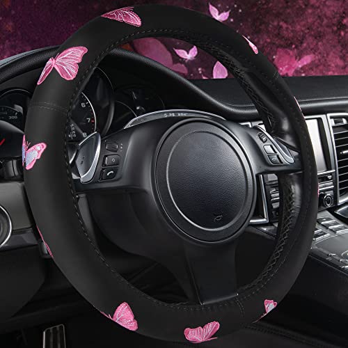 Car Pass Pink Embroidery Butterfly Steering Wheel Cover, Universal 15 Inch Car Wheel Cover for Women Girls, Fit for Suvs,Small Trucks,Sedans,Cars (Black and Pink) - color: Black and Pink
