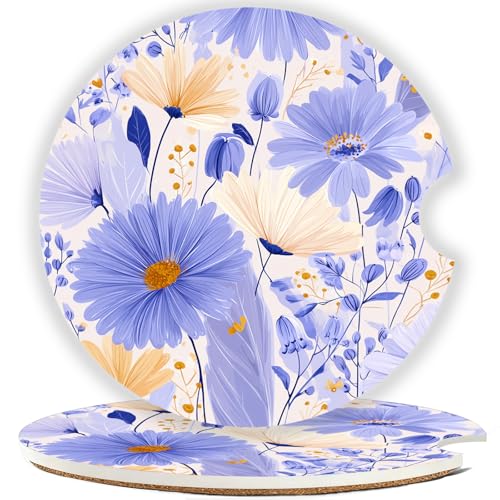 Car Cup Holder Coaster Set of 2, 2.56 in Ceramic Coasters, Scratch-Resistant Cork Backing, Finger Groove Design for Easy Placement, Cute Car Accessories Interior for Women (Purple Flowers) - color: Purple Flowers