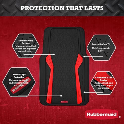 Rubbermaid Car Floor Mats Full Set,Premium Heavy Duty All-Weather Car Mats– Rugged Rubber with Brushed Aluminum Inserts, Universal Trim-to-Fit, Anti-Slip Backing for Cars, SUVs, Trucks & Vans - Red - color: Red