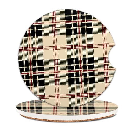 2 Pack Universal Ceramic Car Coasters，Ceramic Stone with A Finger Notch for Easy Removal of Car Cup Holder Coaster(Beautiful Plaid Tartan) - color: Beautiful Plaid Tartan