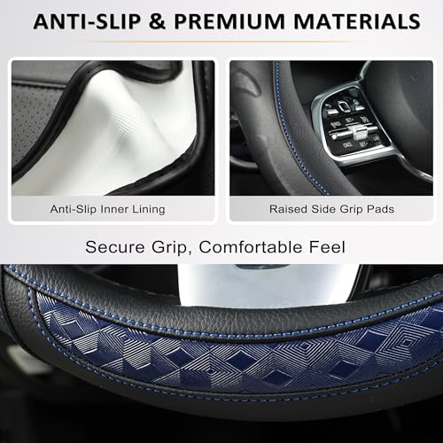 Black Seal Custom-Fit Steering Wheel Cover for Ford F-150, F-250, F-350, Expedition, 15.5–16", Anti-Slip PU Leather (Black+Blue) - color: Black+Blue