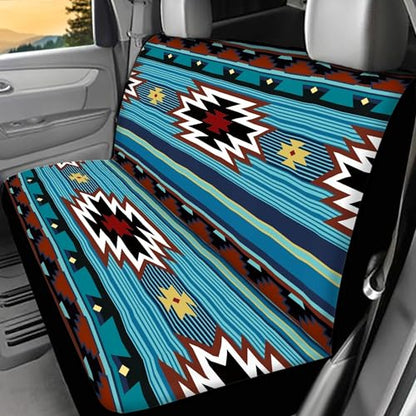 WELLFLYHOM Aztec Print Universal Rear Split Bench Seat Cover for Cars Truck SUV No Headrest Tribal Turquoise Geometric Stripe Design Back Seat Backrest Saddle Blanket Protector Set of 2 - color: Blue Aztec Print