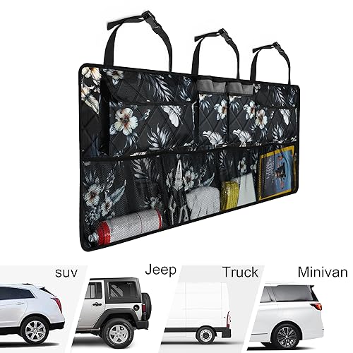 Car Trunk Organizer, Large Capacity Backseat Trunk Organizer (42"*18"), Collapsible Car Storage Bag with 8 Pockets - Hibiscus