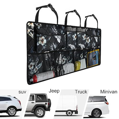 Car Trunk Organizer, Large Capacity Backseat Trunk Organizer (42"*18"), Collapsible Car Storage Bag with 8 Pockets - Hibiscus