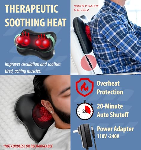 Zyllion Shiatsu Back and Neck Massager with Heat - 3D Electric Kneading Deep Tissue Massage Pillow for Muscle Pain Relief, Black, ZMA-13 - color: Black
