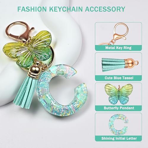 JINGUAZI Initial letter Keychains for Women Tassel Butterfly Pink Purple Cute Car Keychain for Wallet Backpack bag charm - color: C-green
