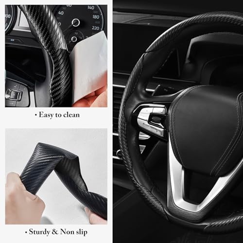 Carbon Fiber Steering Wheel Cover 3pcs Anti-Slip Car Steering Wheel Accessories Snap on Grip 15 inch Universal Matte Black