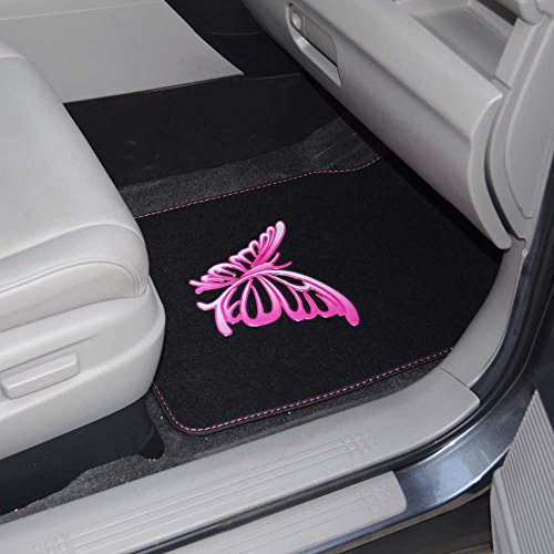 BDK Pink Butterfly Design Carpet Car Floor Mats for Auto Van Truck SUV-4 Pieces Front & Rear Full Set with Rubber Backing-Universal Fit - color: Pink Butterfly Design