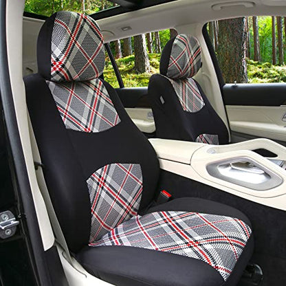 FH Group Full Set Plaid Print Cloth Car Seat Covers Combo Set with Carpet Floor Mats, Universal Fit, Washable Seat Cover for SUV, Sedan, Beige - color: Beige