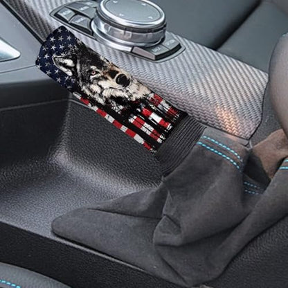 Wolf American Flag Printed 2 Pcs Car Handbrake Cover and Gear Shift Protector Sets for Women and Men, Soft Stretchy Car Handbrake Protector and Gear Shift Knob Cover, Universal Fits - color: Black and Red - Wolf American Flag
