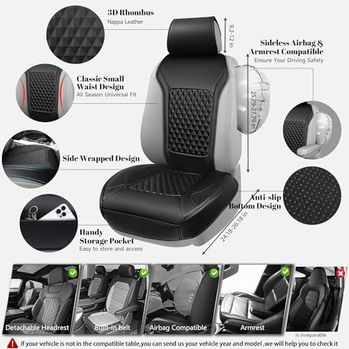 CAR PASS 2Pack Front Car Seat Covers Leather Memory Foam Water Proof Seat Protector Universal Fit for Cars SUVs Trucks Most Vehicles, 3D Foam Rhombus Sideless, Airbag Compatible Non-Slip, 2 Pcs Black