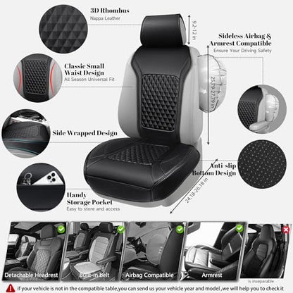 CAR PASS 2Pack Front Car Seat Covers Leather Memory Foam Water Proof Seat Protector Universal Fit for Cars SUVs Trucks Most Vehicles, 3D Foam Rhombus Sideless, Airbag Compatible Non-Slip, 2 Pcs Black