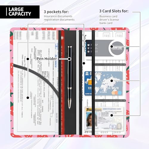 Leather Car Registration and Insurance Card Holder, Cute Car Accessories Vehicle Glove Box Car Organizer for Documents, Cards, License Pink Red Cute Strawberry