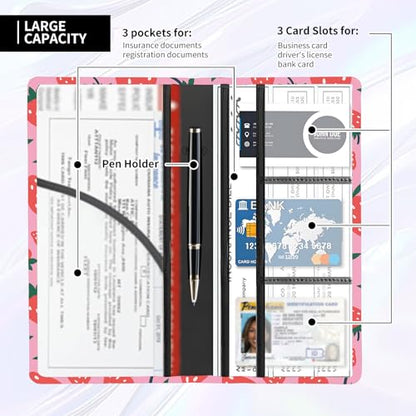 Leather Car Registration and Insurance Card Holder, Cute Car Accessories Vehicle Glove Box Car Organizer for Documents, Cards, License Pink Red Cute Strawberry - color: Pink Red Cute Strawberry