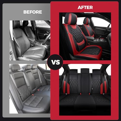 FREESOO Black Red Car Seat Covers Full Set - Faux Nappa Leather Seat Covers for Cars, Breathable Waterproof Front Seats with Lumbar Support and Rear Seat Cover, Fit for Automotive Sedans SUVs Pickups