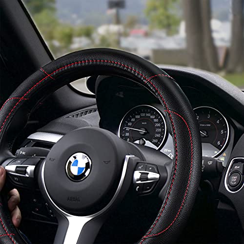 Leather Car Steering Wheel Cover, Non-Slip Car Wheel Cover Protector Breathable Microfiber Leather Universal Fit for Most Cars(Black) - color: Black