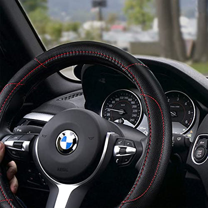 Leather Car Steering Wheel Cover, Non-Slip Car Wheel Cover Protector Breathable Microfiber Leather Universal Fit for Most Cars(Black) - color: Black