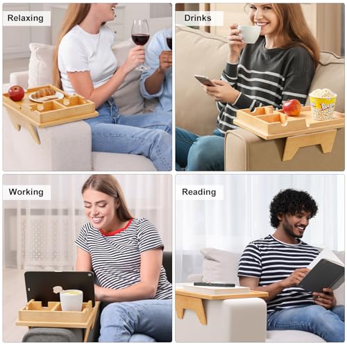 Bamboo Couch Cup Holder Tray - 2 in 1 Couch Armrest Table with Be Slide-Away Detachable Double Holder - Sofa Armchair Caddy for Drinking Snacks iPad TV Remote - color: Bamboo, size: 13.8" x 9.5" x 2.4"