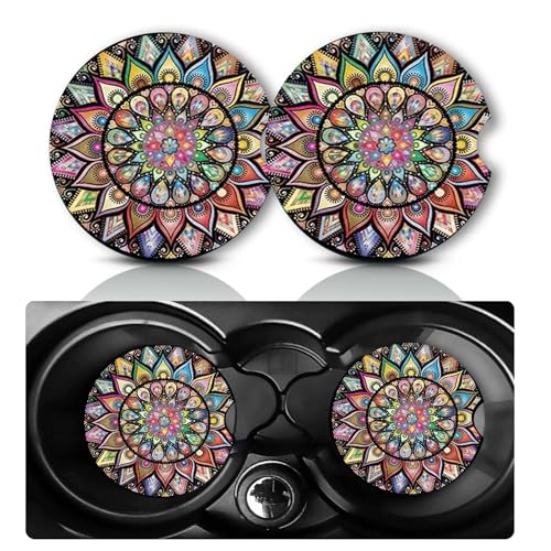 Car Coasters for Cup Holders,2 PCS Universal Non-Slip Boho Mandala Car Coasters,2.75" Rubber Mat,Mandala Cars Accessories Cup Drink Holder Coaster Decor Mandalas Gifts for Women,Men,Mom - color: Colorful Mandala