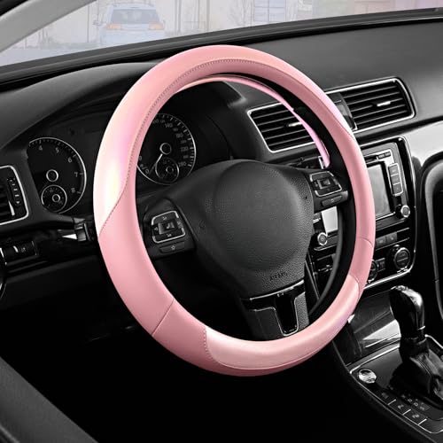 Road Comforts Steering Wheel Cover – Breathable Leather Steering Wheel Cover, Anti-Slip Grip, Universal Fit 14.5” to 15”, Heat & Cold Resistant for Cars, SUVs, and Trucks – Shining Pink & Pink - color: Pink&Pink