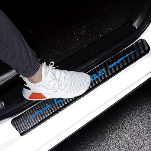 4Pcs Carbon Fiber Door Sill Protector Guards 4D Car Entry Scuff Plate, Waterproof Anti-Scratch Car Door Sill Compatible with Chevrolet (Blue) - color: BLUE