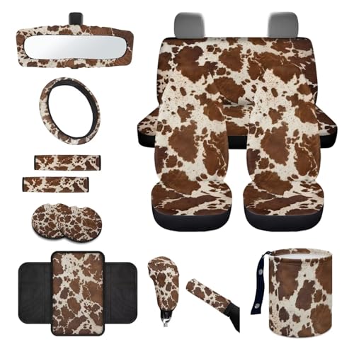 Wanyint Brown Beige Cow Print Car Seat Cover Set 14 PCS, with Steering Wheel Seat Belt Pad Garbage Bag Rearview Mirror Armrest Seat Box Handbrake Cover Set Car Coasters Fit SUV Sedan - color: Brown Beige Cow Print
