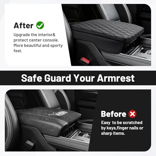 Autorder Center Console Cover for 2019-2025 2026 Dodge Ram 1500/2500/3500 Accessories Armrest Cushion Cover Nappa Leather Middle Console Covers Console Cushion Pad Anti-Scratch(Bucket Seat Only) - size: 19-25 Dodge Ram