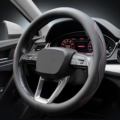 LKWLIKEI Nappa Premium Leather car Steering Wheel Cover, Non-Slip, Breathable, Universal 15 inches,Black and red Blue line - color: Black-B