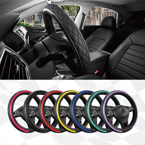 Road Comforts Leather Steering Wheel Cover – Black & Black, Universal Fit 14.5-15 Inch, Microfiber Leather, Anti-Slip & Breathable Design for Men and Women - color: Black