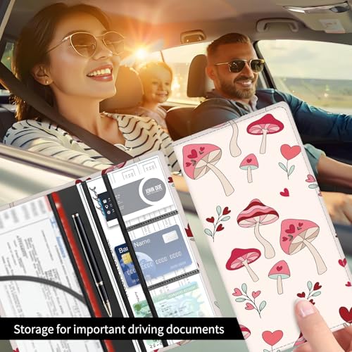 Premium Car Registration and Insurance Card Holder, Cute PU Leather Car Document Holder, Vehicle Glove Box Car Organizer with Magnetic Closure for Driver License, Cards Pink Mushroom - color: Pink Mushroom