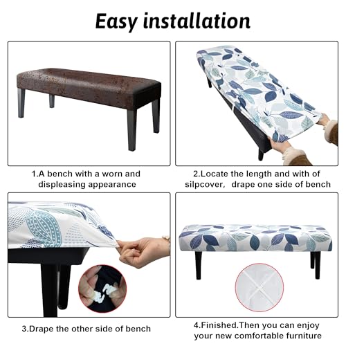 Stretch Bench Cover, Seat Cushion Protector, Washable Slipcover, Printed Rectangle Cover for Dining Room, Living Room, Kitchen - color: Blue-and-white Leaves
